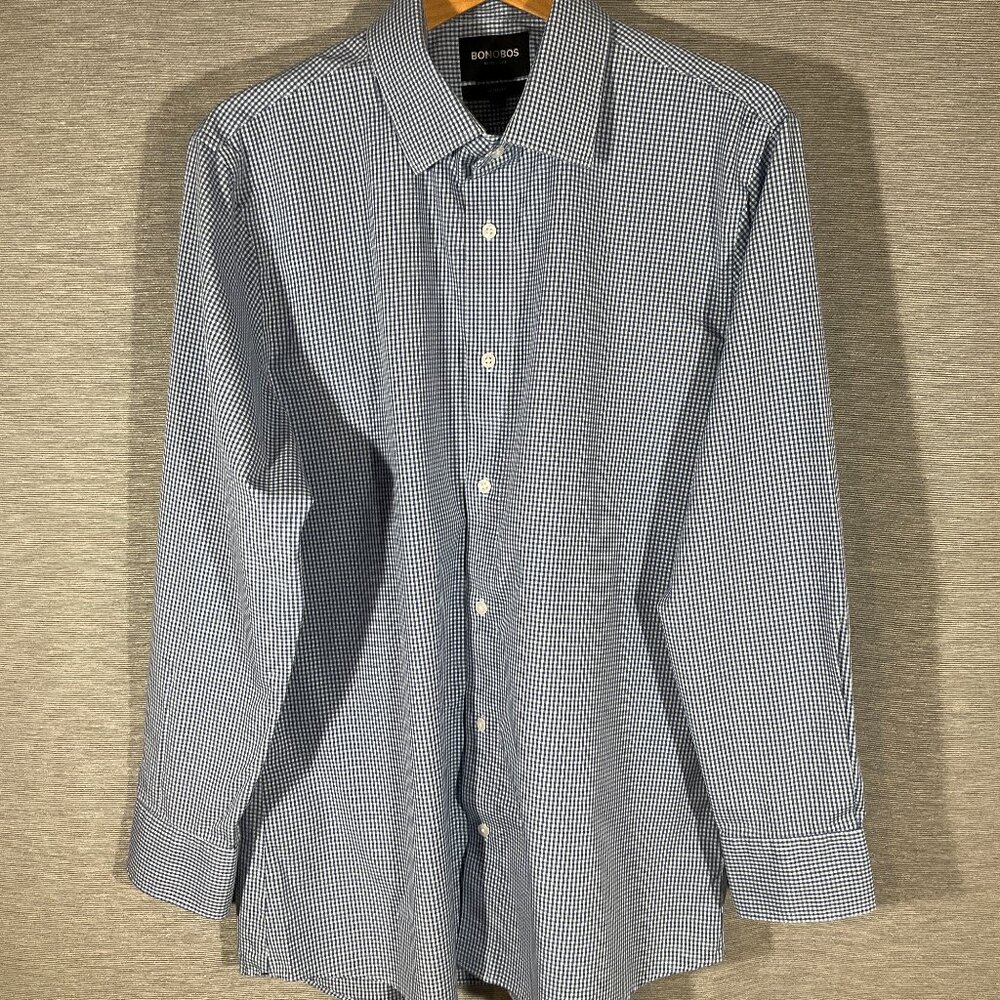 Men's Bonobos Blue/white Long sleeve Gingham Shirt, XL Short